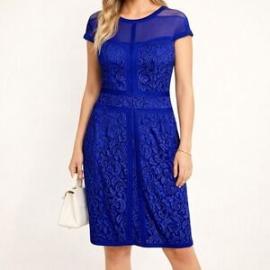 Tadashi Shoji Royal Blue Lace Mesh Sheath Dress Women's 8 M Wedding Guest Formal